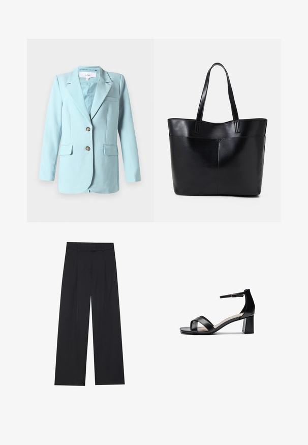 Jasnoniebieska damska marynarka z klapami, dwoma przednimi guzikami, kieszeniami z patkami oraz kieszonką na piersi, wyeksponowana na białym tle.; Czarna bluzka z długim rękawem, z marszczonym detalem z przodu i przy nadgarstkach, wykonana z miękkiego, elastycznego materiału z dekoltem w łódkę.; Czarne spodnie typu wide-leg o gładkiej fakturze, z dwoma plisami z przodu, z pasem i bez widocznych elementów metalowych ani kieszeni.; Czarna sandał z odkrytymi palcami na obcasie z krzyżującymi się paskami, regulowanym paskiem na kostkę i masywnym obcasem, z gładką skórzaną teksturą.; Czarna skórzana torba na ramię z dwoma długimi uchwytami, gładką teksturą i sztywną formą. Posiada przednią kieszeń dla dodatkowego przechowywania.