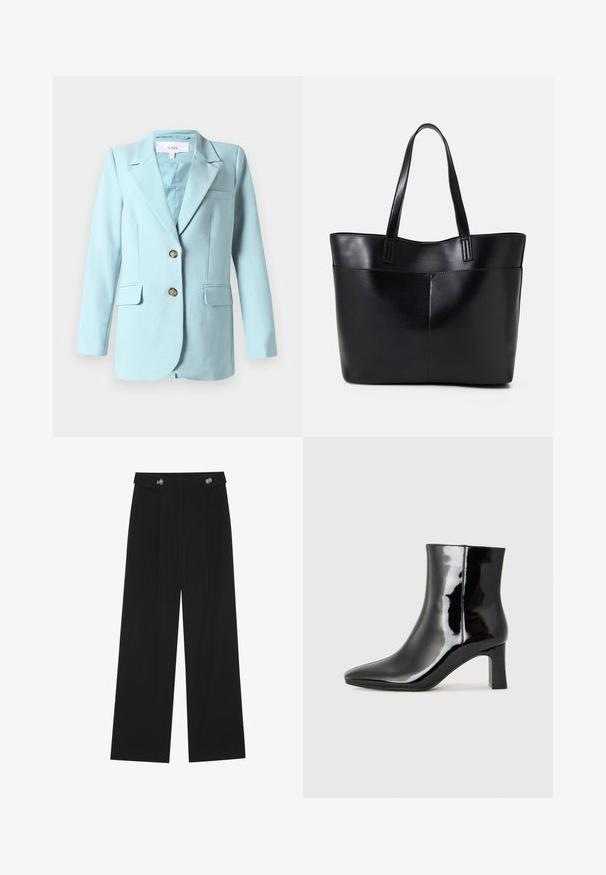 Lichtblauwe damesblazer met notch-kraag, twee knopen aan de voorkant, klepzakken en borstzakje, weergegeven op een witte achtergrond.; Zwarte T-shirt met korte mouwen en een brede halslijn. Gemaakt van zachte, lichte stof. Eenvoudig ontwerp zonder patronen of accenten.; Zwarte wijde broek met hoge taille, knoopdetails op de tailleband en plooien aan de voorkant.; Zwarte gepolijste leren enkellaars met een spitse neus en een blokhak van gemiddelde hoogte. Glad textuur en minimalistisch ontwerp.; Zwarte leren tote bag met twee lange handvatten, een zachte textuur en een gestructureerde vorm. Voorzien van een voorvak voor extra opslagruimte.