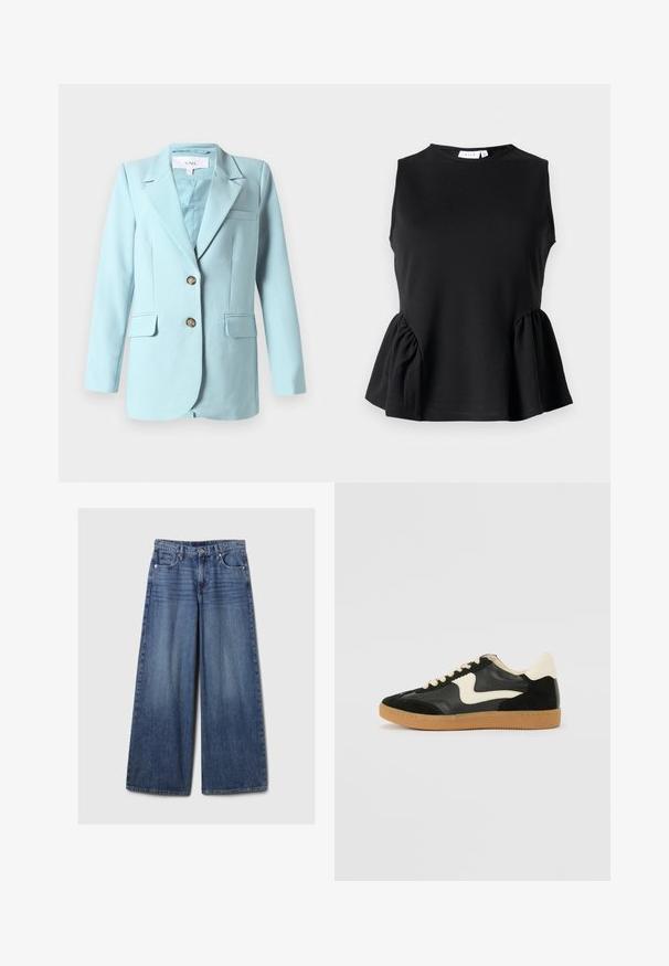 Svijetloplavi ženski sako s ovratnikom, dva prednja gumba, džepovima s preklopom i džepom na prsima, prikazan na bijeloj pozadini.; Crna bezrukavna majica s okruglim izrezom i nabranim detaljem na bokovima, izrađena od glatkog, rastezljivog materijala. Jednostavan, čist dizajn.; Široke plave traperice s izblijedjelim finišom, s kopčanjem na gumb i patentni zatvarač, pet džepova i petljama za remen.; Crna nubuk i kožna tenisica s kremastim bočnim swooshom i svijetlom kremastom petom. Sadrži bež vezice i gumu na potplatu.