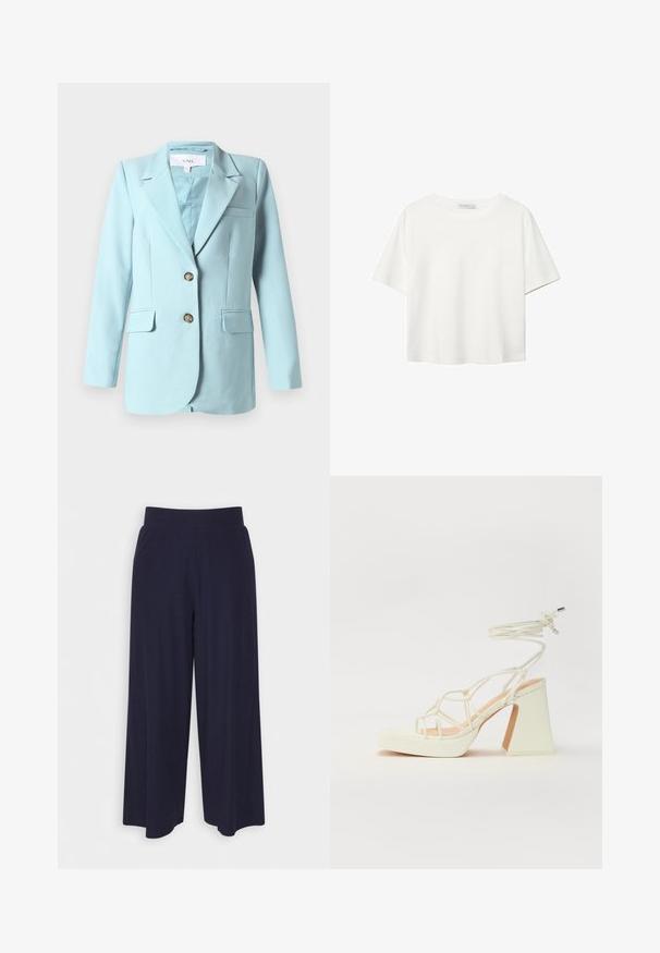 Jasnoniebieska damska marynarka z klapami, dwoma przednimi guzikami, kieszeniami z patkami oraz kieszonką na piersi, wyeksponowana na białym tle.; Biała koszulka z krótkim rękawem, wykonana z bawełny. Posiada okrągły dekolt i luźny krój. Gładka faktura bez widocznych wzorów czy akcentów.; Spodnie o szerokich nogawkach w ciemnonawiwowym materiale z rdzeniowym wzorem. Posiadają gładki pas i luźny krój, sięgający do połowy łydki.; Biała sandał na wysokim obcasie z masywnym słupkiem, z paskowym wzorem i wiązaniem przy kostce. Gładka faktura z platformą z przodu dla dodatkowej wysokości.