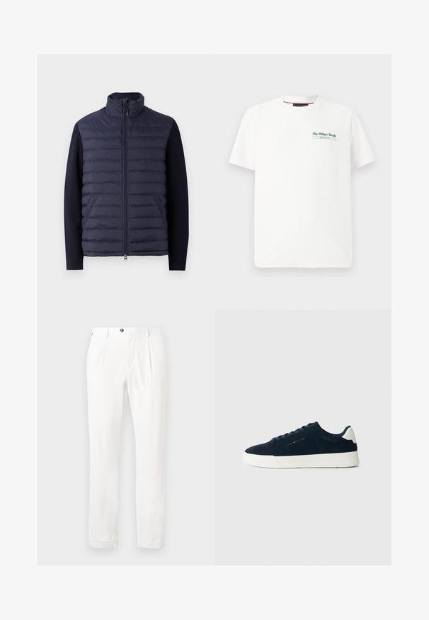 Mornarica puffer jakna s visokim ovratnikom, prednjim zatvaračem i podstavljenim tijelom. Pletene rukave i bočni džepovi stvaraju teksturirani kontrast.; Bijela pamučna majica s kratkim rukavima i okruglim izrezom, s zelenim otiskom na lijevoj strani prsnog dijela koji kaže "The Milliger Herald" i "MCHLXXXV."; Bijele hlače s ravnim prednjim dijelom, dva nabora i kopčanjem na gumb. Izrađene od laganog materijala, imaju ravne nogavice i prebačene rubove.; Mornarsko plavi antilop tenisice s bijelim gumenim potplatom, zaobljenim prstom i kontrastnom petnom trakom; sadrži tonirane vezice i detalj s logotipom sa strane.