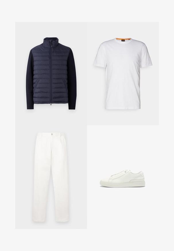Navy puffer jacket with a high collar, zip front, and padded body. Knitted sleeves and side pockets create a textured contrast.; White cotton T-shirt with a crew neck, short sleeves, and a subtle embossed logo on the chest. Interior tag has an orange accent.; White trousers made from smooth fabric, featuring a straight leg design, front pleats, and a single button closure at the waist.; White leather sneaker featuring a textured upper, a round toe, minimalistic design, and a rubber sole with stitched detailing.
