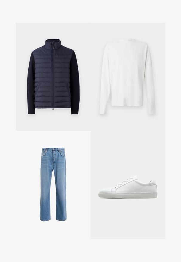 Námořnická puffer bunda s vysokým límcem, zipem v přední části a polstrovaným tělem. Pletené rukávy a postranní kapsy vytvářejí texturovaný kontrast.; Bílá bavlněná košile s dlouhým rukávem a kulatým výstřihem, s bočními rozparky na spodní části a hladkým povrchem, vystavená zezadu.; Světle modré džínové kalhoty s rovnými nohavicemi, pěti kapsami, zapínáním na knoflík, minimálním vyblednutím a kontrastním prošitím.; Bílé tenisky s hladkým koženým svrškem a nízkým profilem. Mají zaoblenou špičku, šest nýtů a texturovanou gumovou podrážku.