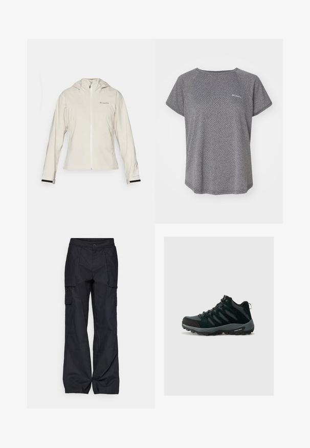 Svetlo béžová nepremokavá bunda s kapucňou, ktorá má predný zips, elastické manžety s čiernymi akcentmi a logo na hornej ľavej strane.; Sivá košeľa s krátkym rukávom, ktorá má jemný textúrovaný vzor, okrúhly výstrih a logo Columbia na hrudníku. Mäkká látka, voľný strih.; Columbia BREA FALLS™ COTTON RIPSTOP PANT - Outdoorové nohavice - black; Columbia REDMOND - Turistické topánky - black/citron haze