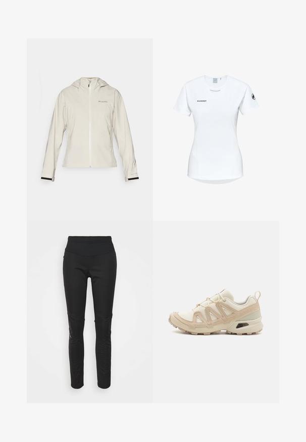 Lys beige vandtæt jakke med hætte, forsynet med en frontlynlås, elastiske manchetter med sorte detaljer og et logo på øverste venstre side.; Kortærmet hvid sportsshirt med rund hals, prydet med et logo på brystet og en glat, let stofstruktur.; Sorte atletiske leggings med høj talje, glat tekstur, logo-detalje og sidelæns paneler for ekstra visuel interesse.; Beige og creme atletiksko med struktureret mesh-overdel, støttende overlays og gummiyderside med et mønster for trækkraft.