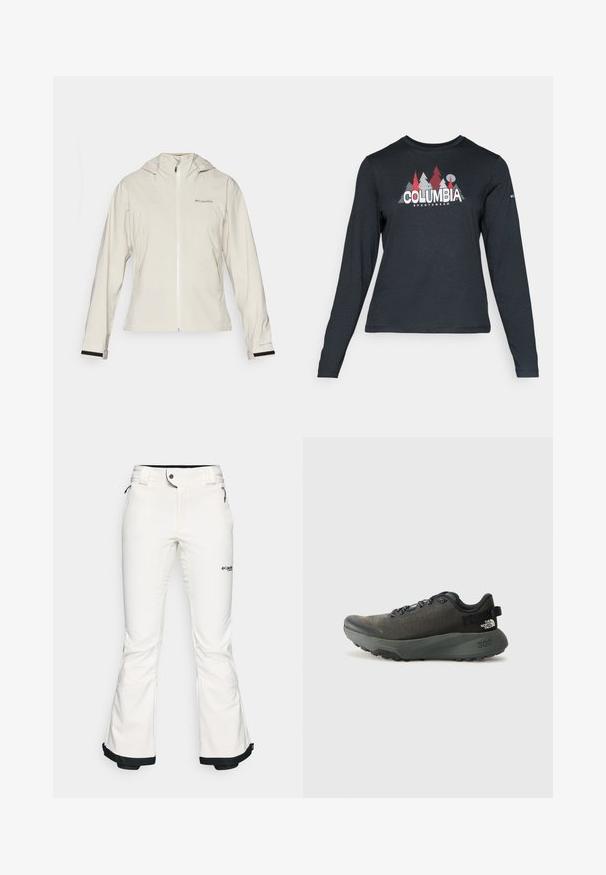 Ανοιχτό καφέ αδιάβροχο μπουφάν με κουκούλα, διαθέτοντας μπροστινό φερμουάρ, ελαστικές μανσέτες με μαύρες λεπτομέρειες και λογότυπο στην πάνω αριστερή πλευρά.; Μακρυμάνικο σκούρο γκρι πουκάμισο με γραφικό κόκκινων δέντρων και βουνών; το λογότυπο "COLUMBIA" σε έντονο λευκό κείμενο. Μαλακό ύφασμα, τυπικός στρογγυλός λαιμός.; Λευκό σορτς σκι κατασκευασμένο από μαλακό, ευέλικτο υλικό. Διαθέτει εφαρμοστό μέγεθος στη μέση, φαρδιά ανοίγματα στα πόδια και μαύρη διακόσμηση στα μανίκια. Ορατό λογότυπο της μάρκας.; Σκοτεινό γκρι αθλητικό παπούτσι με υφασμάτινο πάνω μέρος με υφή, επίπεδους κορδόνια, ενισχυμένη μύτη και χοντρή, ανθεκτική σόλα για πρόσφυση. 300 αναγλυφό στο τακούνι.