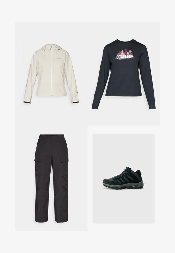 Šviesiai kreminė vandeniui atspari striukė su kapišonu, turinti priekinį užtrauktuką, elastinius rankogalius su juodais akcentais ir logotipą viršutiniame kairiajame šone.; Ilga rankovė tamsiai pilka marškinėliai su raudonų medžių ir kalnų grafika; drąsaus baltos spalvos teksto "COLUMBIA" logotipas. Minkšta medžiaga, standartinis apvalus kaklas.; Juodos krovinių kelnės, pagamintos iš tvirto audinio, su keliais šoninėmis kišenėmis, mygtukų uždarymu ir laisvu siluetu su tiesiomis kojomis.; Columbia REDMOND - Turistiniai batai - black/citron haze