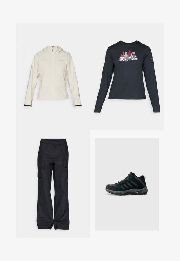 Svetlo bež nepremočljiva jakna s kapuco, z zadrgo na sprednji strani, elastičnimi manšetami z črnimi detajli in logotipom na zgorni levi strani.; Majica z dolgimi rokavi temno siva z grafiko rdečih dreves in gora; logotip "COLUMBIA" v krepki beli barvi. Mehka tkanina, standarden krojen ovratnik.; Columbia BREA FALLS™ COTTON RIPSTOP PANT - Hlače za na prostem - black; Columbia REDMOND - Pohodniški čevlji - black/citron haze