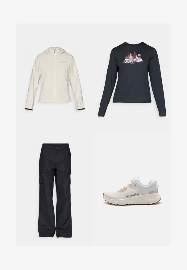 Veste imperméable beige clair avec capuche, équipée d'une fermeture éclair sur le devant, de poignets élastiques avec des accents noirs et d'un logo sur le côté supérieur gauche.; Chemise à manches longues gris foncé avec un motif d'arbres rouges et de montagnes ; logo "COLUMBIA" en lettres blanches en gras. Tissu doux, col rond standard.; Columbia BREA FALLS™ COTTON RIPSTOP PANT - Pantalons outdoor - black; Chaussure de sport Columbia légère en mesh blanc avec une semelle texturée grise et une traction en caoutchouc. Dotée d'un collier rembourré et d'un design à lacets.