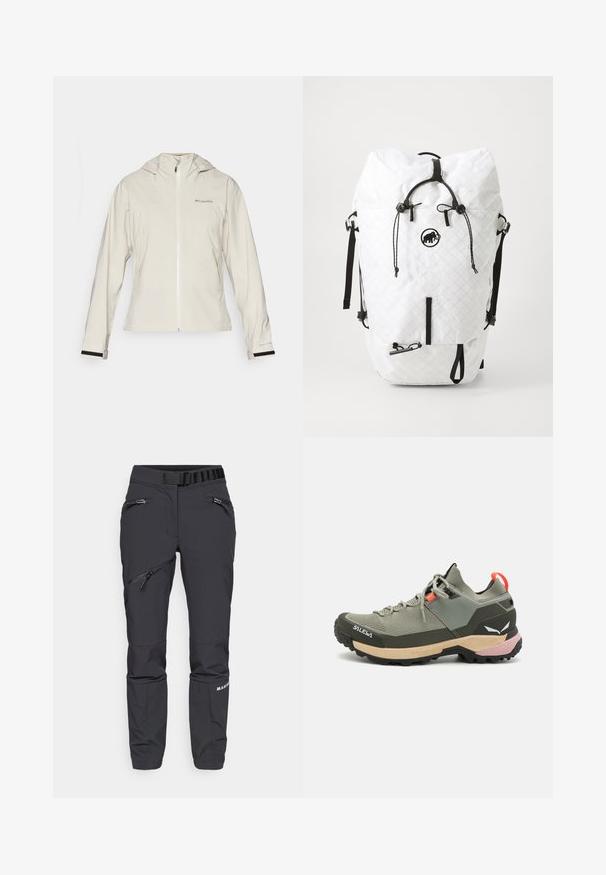 Lys beige vandtæt jakke med hætte, forsynet med en frontlynlås, elastiske manchetter med sorte detaljer og et logo på øverste venstre side.; Sort ærmeløs skjorte med et tekstureret mønster, der har en rund halsudskæring og et "MAMMUT" logo på forsiden. Fremstillet af åndbart materiale.; Sorte softshell-bukser med slim fit, lynlåslommer, elastisk talje og strukturerede paneler på underbenene. Holdbart materiale til udendørs brug.; Letvægts grøn vandresko med mesh- og gummimaterialer, sort skridfast ydersål, pink og orange detaljer samt forstærket tåhætte.; Hvid rygsæk lavet af quiltet materiale med sorte detaljer. Har justerbare stropper, en rulle-top lukning og en frontlynlås lomme.
