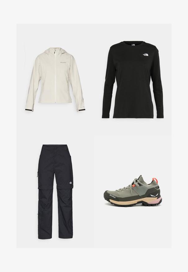 Jasno beżowa wodoodporna kurtka z kapturem, z przednim zamkiem błyskawicznym, elastycznymi mankietami z czarnymi akcentami i logo po lewej stronie na górze.; Czarna koszulka z długim rękawem z bawełny z okrągłym dekoltem. Posiada niewielkie białe logo po lewej stronie na piersi. Prosty design i fason.; Czarne nylonowe spodnie cargo z odpinanymi nogawkami, regulowanymi mankietami, wieloma kieszeniami oraz logo na prawej nogawce. Gładka, lekka tekstura.; Lekkie zielone buty trekkingowe z siateczkowymi i gumowymi materiałami, czarną podeszwą zapewniającą przyczepność, różowymi i pomarańczowymi akcentami oraz wzmocnionym czubkiem.