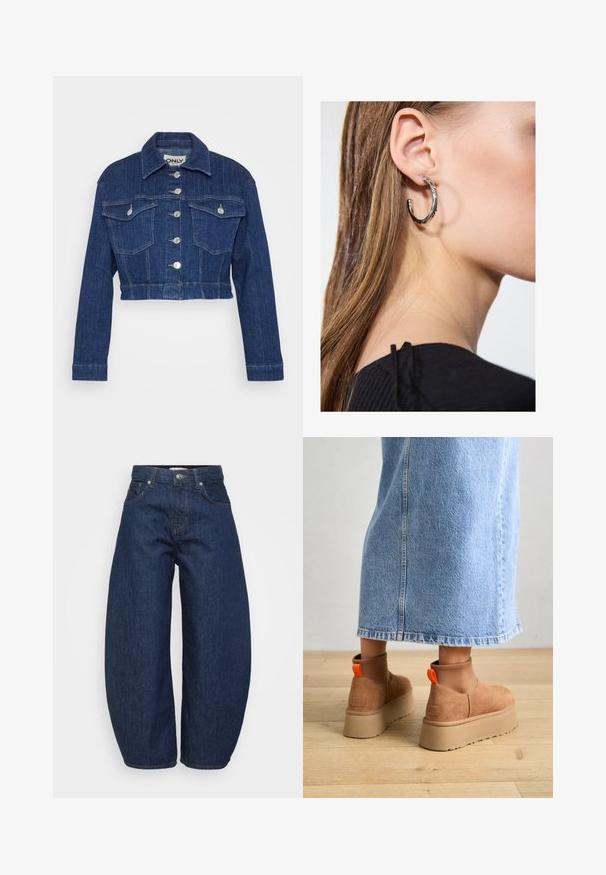 Tumši zils cropped džinsu jakas modelis ar apkakli, sudraba krāsas detaļām, divām krūšu kabatām un pogu aizdari priekšpusē.; Even&Odd Petite 2 PACK - Tops - light grey/black; Tumši zili džinsa džinsi ar plašu, vaļīgu pieguļošanu. Ir rāvējslēdzēja aizdare, četri kabatas un kontrastējošas šuves gar šuvēm.; Brūni zamšādas platforma zābaki ar elastīgiem sānu paneļiem un oranžām cilpām, apvienoti ar līdz ceļgaliem garu gaišā denima svārku uz koka grīdas.; Sudraba auskars ar pulētu apdari, ar maziem zelta akcentiem un apaļu formu, uz ausu ļipiņas.