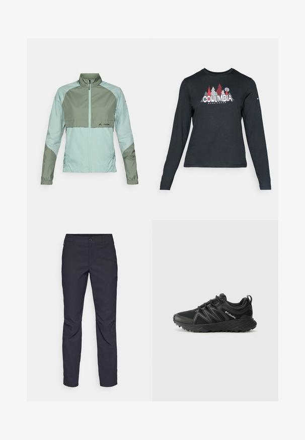 Ελαφρύ μπουφάν με σχεδίαση σε δύο τόνους σε μέντα και ελαιόλαδο, με φερμουάρ, ψηλό γιακά και ελαστικές μανσέτες.; Μακρυμάνικο σκούρο γκρι πουκάμισο με γραφικό κόκκινων δέντρων και βουνών; το λογότυπο "COLUMBIA" σε έντονο λευκό κείμενο. Μαλακό ύφασμα, τυπικός στρογγυλός λαιμός.; Ναυτικού χρώματος παντελόνι από λείο ύφασμα, με κλείσιμο μπροστά με κουμπί, σε εφαρμοστό σχέδιο και πτυχώσεις στα γόνατα.; Columbia PEAKFREAK - Παπούτσια πεζοπορίας - black