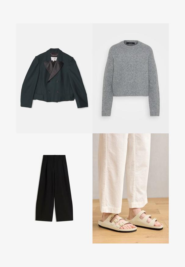 Kratki dvostruko kopčani kaput u tamnozelenoj vuni, s crnim satenom i šiljastim reverima, koji ima dva prednja džepa i crne dugmadi.; Mekana siva pletena dugoruka košulja s okruglim izrezom i rebrastim manžetama, rubom i izrezom prikazana na jednostavnoj pozadini.; Crne široke hlače izrađene od glatkog materijala, s visokim strukom, nabranim detaljima sprijeda i bez vidljivih ukrasa ili uzoraka.; Svijetlosmeđi sandali s tri podesiva remena s metalnim kopčama, udobnom uloškom i crnom gumenom potplatom.