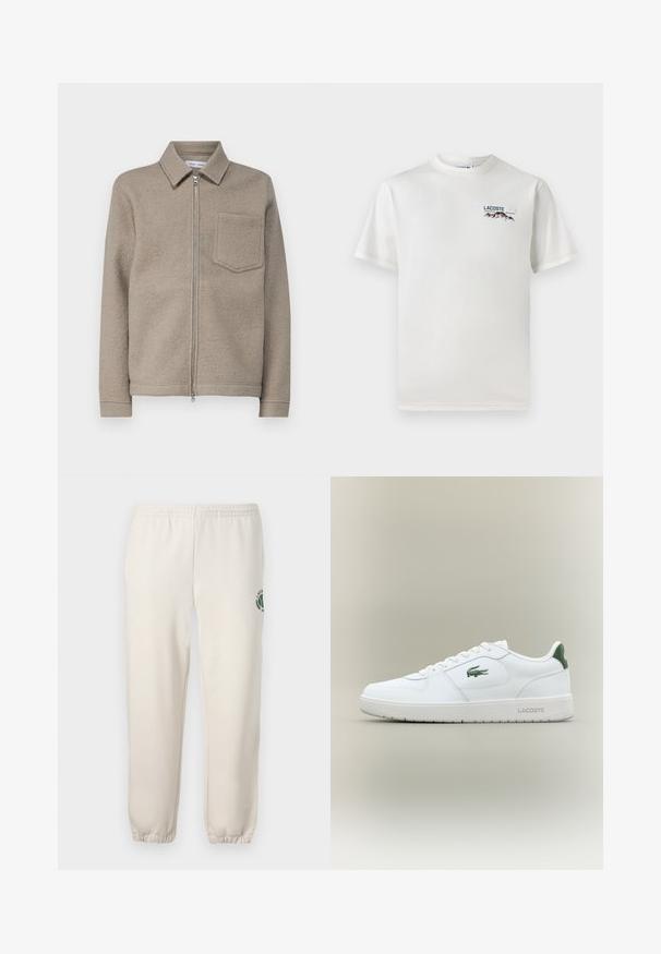 Samsøe Samsøe HANNES FULL ZIP - Suvejakk - seneca rock; Valge puuvillane T-särk ümmarguse kaelusega, lühikeste varrukatega ja väikese tikandiga logoga, millel on mäed ja tekst vasakul rinnal.; Heledadbežased püksid, mis on valmistatud puuvillast, varustatud elastse vöökohtaga, soonikute lõpetustega ja vasakul jalal on roheline logo lehe kujundusega.; Valge nahkne spordijalats sujuva viimistlusega, rohelised aktsendid kanna peal ja roheline logo küljel. Omab lamedat tallat ja ümmargust varvast.