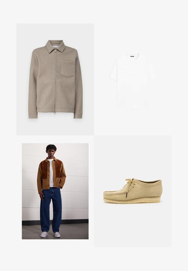 Samsøe Samsøe HANNES FULL ZIP - Summer jacket - seneca rock; White cotton t-shirt with short sleeves, round neckline, and a straight cut. Smooth texture with no visible patterns or accents.; Man standing indoors wearing a brown corduroy jacket with rust patches, white t-shirt, loose blue jeans, and white sneakers.; Beige suede shoe with a lace-up design, stitched detailing, and a rubber sole. The shape is casual with a slight wedge heel.