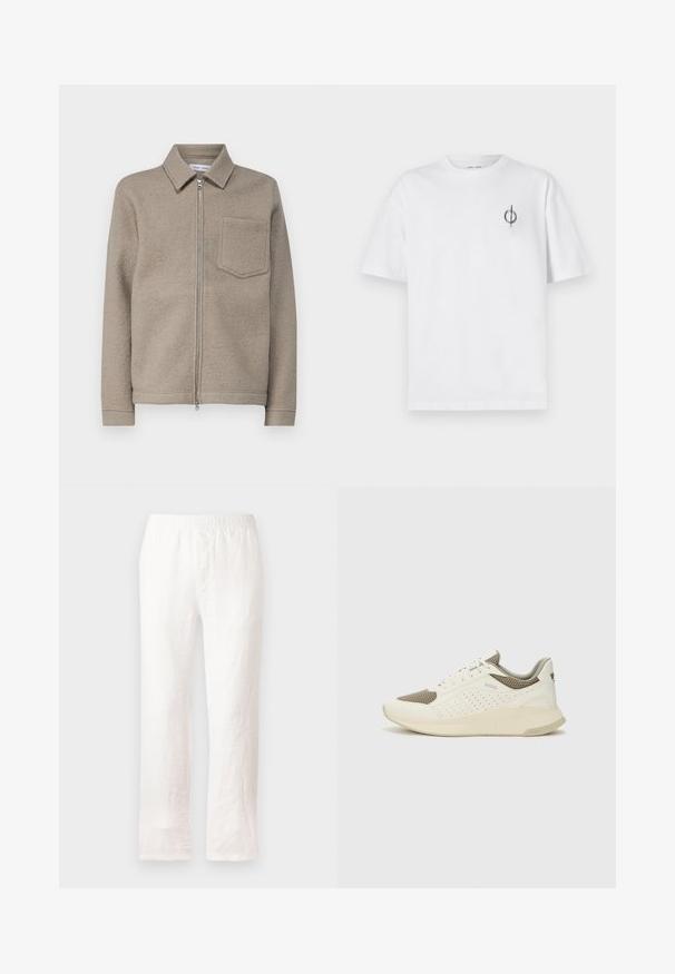 Samsøe Samsøe HANNES FULL ZIP - Sommerjakke - seneca rock; Hvit bomull t-skjorte med avslappet passform, med en liten svart grafisk logo på venstre brystområde. Korte ermer, rund hals.; Hvite linbukser med elastisk midje, rett ben-design og en lett strukturert tekstur. Uten mønstre eller ekstra detaljer.; Hvit og lysebeige treningssko, med en mesh-overdel, perforerte detaljer og en teksturert mellomsåle med merkevare på hælen.