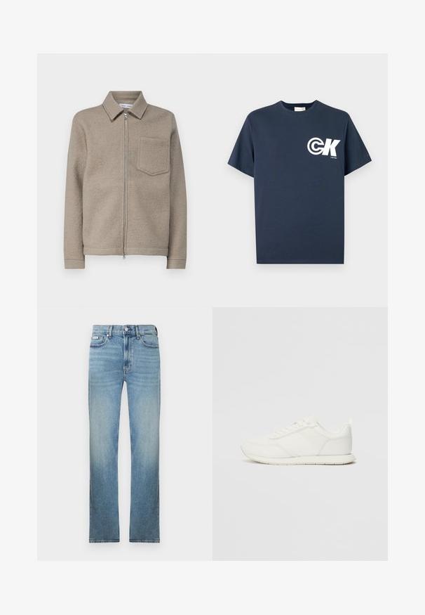 Samsøe Samsøe HANNES FULL ZIP - Vasaras jaka - seneca rock; Tumši zils T-krekls ar īsām piedurknēm un apaļu kakla izgriezumu, kreisajā krūtīs balts CK logotips un "Calvin Klein" teksts.; Gaiši zili džinsa bikses ar taisnu kājas griezumu, piecu kabatu dizainu un izbalinātu apdari. Ir pogu aizdare un jostas cilpas.; Baltie sporta apavi ar mežģīņu un sintētisko augšdaļu, apaļu purngalu, plakanu mežģīņu un teksturētu sānu joslu. Gumijas zole ar cilpu aizmugurē.