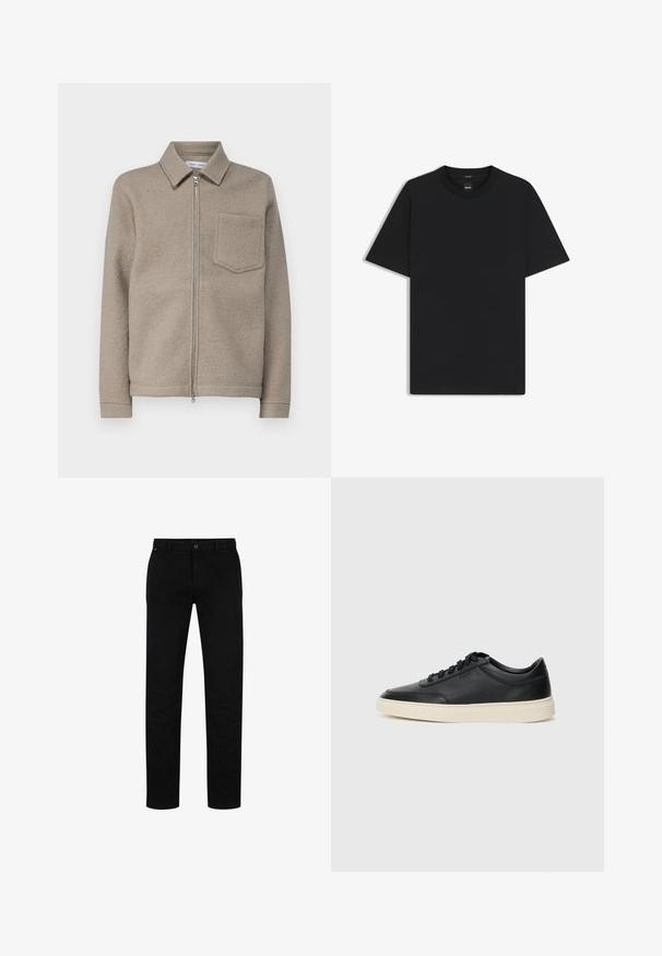 Samsøe Samsøe HANNES FULL ZIP - Summer jacket - seneca rock; Black short-sleeve T-shirt made from a smooth cotton blend, featuring a crew neckline and a minimalistic design with no patterns or accents.; Black cotton trousers with a straight fit, featuring a button closure, belt loops, and minimalistic design. Smooth texture, no patterns.; Black low-top leather sneaker with black laces and off-white sole shown in side profile on white background.