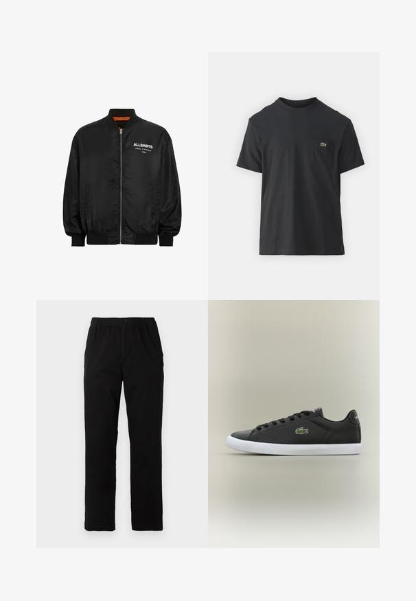 Zwarte bomberjack in satijnen materiaal, met een ritssluiting aan de voorkant, geribbelde manchetten en geborduurde logo details op de borst en mouw.; Zwarte katoenen t-shirt met korte mouwen, ronde halslijn en een klein groen logo op de linkerkant van de borstzak. Eenvoudig ontwerp, normale pasvorm.; Zwarte broek van een katoenmix, met een rechte snit, een elastische tailleband met knoop en zonder zichtbare patronen of accenten.; Zwarte leren sneakers met een witte rubberen zool, voorzien van een groen krokodil logo en ronde veters, slank ontwerp met een gladde textuur.