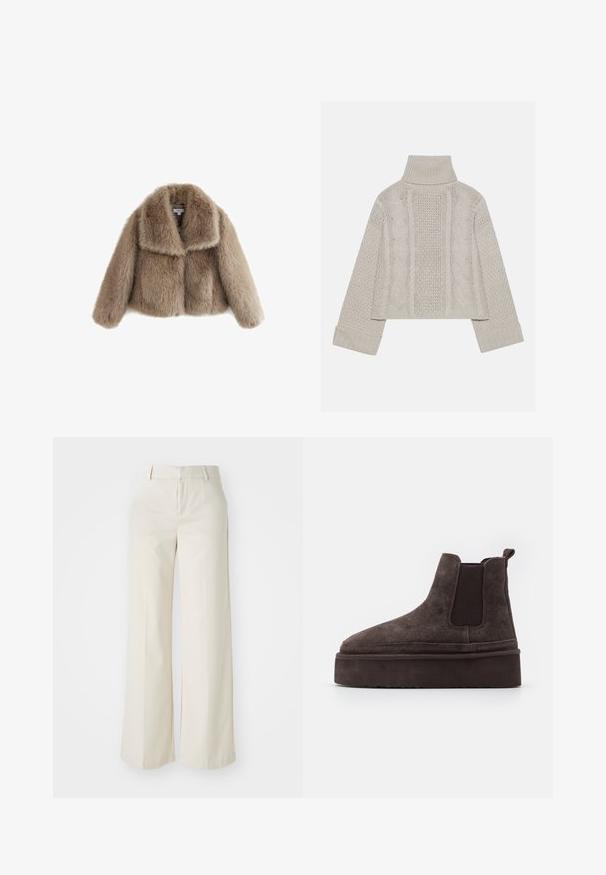 Next REGULAR FIT - Kerge jope - neutral; Lühendatud, heledast hallist kudumist valmistatud sviiter kõrge kraega ja ribidega mansettidega, millel on tekstuursed nööri mustrid seljal ja külgedel.; Laiad püksid helesbežis värvitoonis, valmistatud siledast kangast. Omavad klassikalist vööd ja siledat fronti puhaste joontega.; Pruunid suede Chelsea saapad elastsete külgpaneelidega ja paksu, tekstureeritud platvormitald. Omab kandmismugavuse jaoks kandaabi kandmisel.