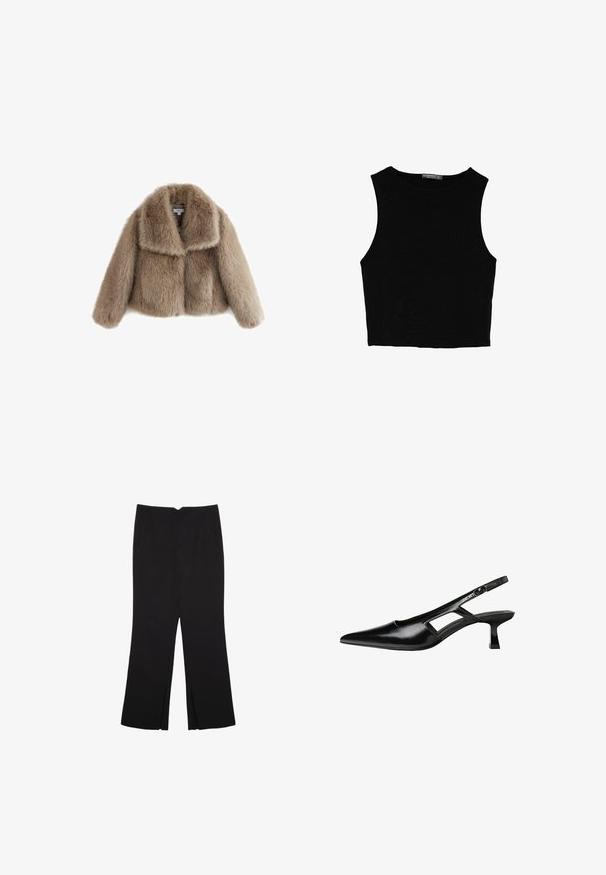 Next REGULAR FIT - Jas - neutral; Zwarte mouwloze crop top van soepel materiaal, met een ronde hals en een schone, eenvoudige uitstraling zonder patronen of hardware.; Zwarte broek met een rechte pasvorm, voorzien van zijzakken en plooien aan de onderzijde. Gemaakt van zachte, gladde stof. Geschikt voor verschillende gelegenheden.; Zwarte gepatineerde leren slingback hakken met een puntige neus, uitsparing aan de zijkant en een kleine vierkante hak. Gladde textuur met minimale accenten.