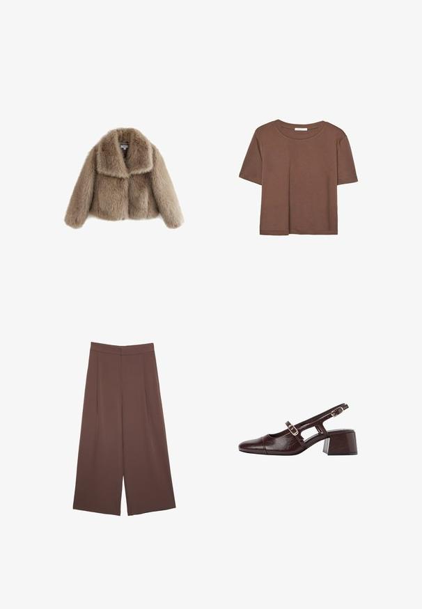 Next REGULAR FIT - Giacca da mezza stagione - neutral; Maglietta a maniche corte marrone realizzata in tessuto morbido, con scollatura rotonda e vestibilità rilassata. Nessun motivo o dettaglio visibile.; Pantaloni ampi marroni con una texture liscia, caratterizzati da una vita alta e pieghe frontali. Il tessuto è leggero e scorre liberamente.; Tacchi slingback in pelle marrone con punta quadrata, lati scavati e tacco a blocco. Presentano una fibbia sulla cinghia alla caviglia.