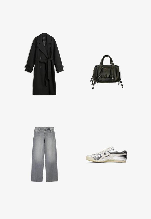 Černý kabát z vlněné směsi s dvouřadým zapínáním, širokými klopami, bočními kapsami a zavinovacím opaskem v pase. Obsahuje ozdobné knoflíky.; Bílá blůza s krátkým rukávem, vertikálními a šikmými pruhy, s předním zipem, špičatým límcem a dvěma předními kapsami.; Široké šedé džíny z denimu s mírně vybledlým vzhledem, obsahující pět kapes, přední zapínání na knoflík a poutka na opasek.; Stříbrná metalická teniska s bílými akcenty a šňůrkami. Disponuje texturovaným povrchem, zaoblenou špičkou a gumovou podrážkou s vzorem pro lepší přilnavost.; Černá kožená kabelka s pletenými rukojetmi, kapsou na zip a visícími třásněmi. Texturovaný povrch s kovovými hroty a kovovými akcenty.