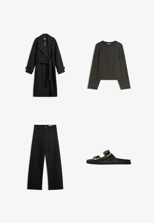 Palton din lână neagră cu un design dublu breasted, rever mari, buzunare laterale și o curea legată la talie. Include accente cu nasturi.; Tricou lung cu maneci gri închis, realizat dintr-un amestec de bumbac. Formă pătrată cu guler rotund și umeri căzuți, prezentând cusături vizibile.; Pantaloni din denim negri cu picioare largi, cu talie înaltă, având buzunare frontale și posterioare, cusături dublate și închidere cu nasture. Textură netedă.; Sandalie negre cu toc plat, cu două accente de cataramă aurie, din material texturat neted și design minimalist.