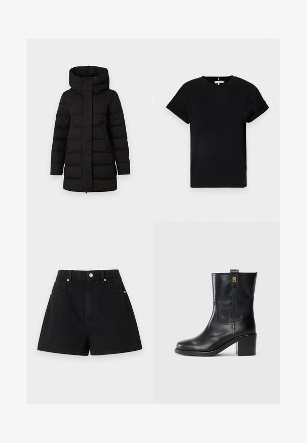 Mustan eristetyn puvuhocean takki, jossa on korkea kaulus, etuvetoketju ja kaksi sivutaskua. Takissa on tikkikuvio, joka tarjoaa lämpöä.; Mustapaita, jossa on lyhyet käärityt hihat, keskellä kohokuvioitu logo ja sivussa pieni lipputunnus.; Mustat farkkushortsit, joissa on korkea vyötärö, viisi taskua, hopeiset yksityiskohdat ja tavanomainen istuvuus. Shortsien pinta on sileä ja viimeistely on siisti.; Musta nahkainen nilkkat bootsi, jossa on lohkarekorko ja kultainen "TH"-logo vetonarussa valkoista taustaa vasten.