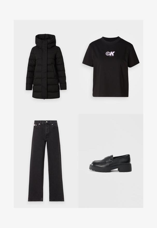 Schwarze isolierte пухерjacke mit hohem Kragen, Frontreißverschluss und zwei seitlichen Taschen. Verfügt über ein gestepptes Muster für zusätzliche Wärme.; Schwarzes Baumwoll-T-Shirt mit Rundhalsausschnitt und kurzen Ärmeln. Mit einem weißen und pinken "CK"-Logo im oberen linken Brustbereich.; Schwarze weit geschnittene Jeans aus Denim mit einem hoch sitzenden Bund, fünf Taschen und einem Metallknopfverschluss mit kontrastierendem Nähte.; Schwarze Lederloafers mit strukturiertem Finish, ausgestattet mit einem rechteckigen Riemen über dem Spann und einem stabilen, gezackten Sohlen-Design.