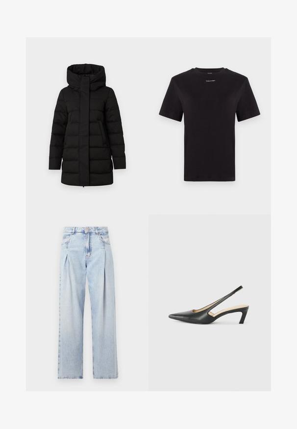 Doudoune noire isolée avec un col haut, fermeture à glissière à l'avant et deux poches latérales. Présente un motif matelassé pour plus de chaleur.; T-shirt noir en coton à manches courtes, col rond, avec un petit logo blanc "Calvin Klein" sur la poitrine. Texture lisse, coupe classique.; Jeans en denim bleu clair avec taille haute, coupe large, deux poches latérales et design plissé. Texture douce avec une finition décolorée.; Slingback noir à bout pointu avec un petit talon, en cuir lisse et doté d'un design découpé sur le côté pour plus de respirabilité.
