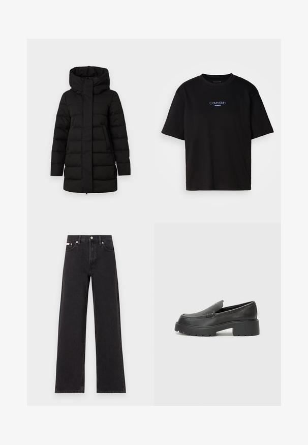Schwarze isolierte пухерjacke mit hohem Kragen, Frontreißverschluss und zwei seitlichen Taschen. Verfügt über ein gestepptes Muster für zusätzliche Wärme.; Schwarzes Baumwoll-T-Shirt mit Rundhalsausschnitt, kurzen Ärmeln und blau gesticktem "Calvin Klein JEANS"-Logo auf der Vorderseite.; Schwarze weit geschnittene Jeans aus Denim mit einem hoch sitzenden Bund, fünf Taschen und einem Metallknopfverschluss mit kontrastierendem Nähte.; Schwarze Lederloafer mit einer abgerundeten Spitze, dicker strukturierten Laufsohle und minimalen Nähten. Schlankes Design ohne sichtbare Schnürsenkel oder Beschläge.