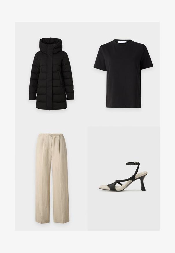 Giubbotto imbottito nero con collo alto, chiusura frontale con zip e due tasche laterali. Presenta un motivo trapuntato per maggiore calore.; T-shirt nero a maniche corte realizzato in morbido cotone, con scollatura rotonda, vestibilità rilassata e una superficie liscia. Nessun motivo o grafica visibile.; Pantaloni beige a gamba larga realizzati in tessuto morbido con vita elastica arricciata e chiusura con bottone frontale. Tessuto liscio con pieghe.; Sandal con tacco nero e design con cinturino intrecciato, punta quadrata e cinturino alla caviglia regolabile. Soletta beige chiaro con tacco nero lucido.