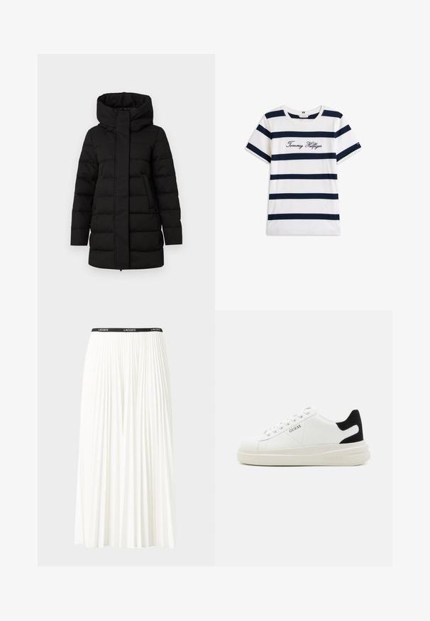 Sort isoleret pufferjakke med høj krave, frontlynlås og to sidelommer. Udstyret med et quiltet mønster for ekstra varme.; T-shirt i bomuld med vandrette marineblå striber på en hvid baggrund. "Tommy Hilfiger" broderet i kursiv på brystet. Rund hals.; Plisseret hvid nederdel med en sort elastisk talje, der har "LACOSTE"-logoet. Mellemlang design med blød tekstur.; Hvide lædersneakers med en tyk hvid sål, sort ruskindhælvægt og prægede logoer på siden. Snørebåndsdesign med seks øjer.