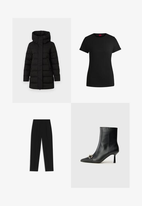 Giubbotto imbottito nero con collo alto, chiusura frontale con zip e due tasche laterali. Presenta un motivo trapuntato per maggiore calore.; T-shirt in cotone nero con maniche corte arrotolate, scollatura rotonda e etichetta rossa. Texture liscia, forma aderente con dettagli minimi.; Pantaloni neri a taglio dritto, con doppie pieghe, una texture liscia e un design classico in vita. Nessun hardware o dettaglio visibile.; Stivale alla caviglia in pelle nera con punta affusolata, tacco sottile di media altezza e dettaglio in fibbia argentata sul lato, su sfondo semplice.