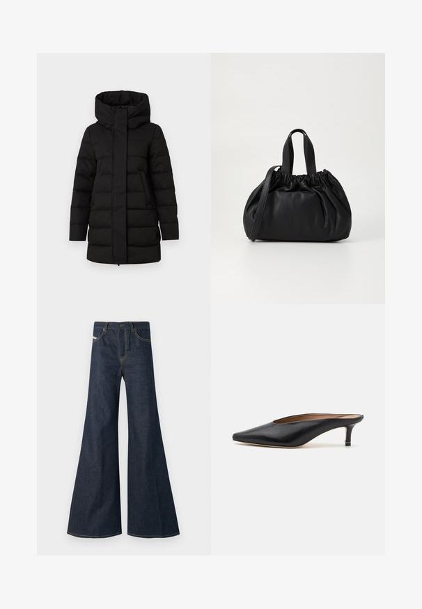 Zwarte geïsoleerde pufferjack met een hoge kraag, een ritssluiting aan de voorkant en twee zijzakken. Beschikt over een gequilte structuur voor warmte.; Zwart katoenen T-shirt met korte opgerolde mouwen, een ronde halslijn en een rood label. Glad textuur, aansluitende pasvorm met minimale details.; Donkerblauwe flared jeans van denim, met een hoge taille, gouden stiksels en twee voorzakken met een knoopsluiting.; Zwarte leren muiltjes met een puntige neus en een lage, blokhak. Glad oppervlak met een gestroomlijnd ontwerp. Open achterkant met minimale details.; Zwarte leren handtas met een geplooid ontwerp aan de bovenkant, voorzien van twee korte handvatten en een lange verstelbare schouderband. Gladde textuur, ronde vorm.