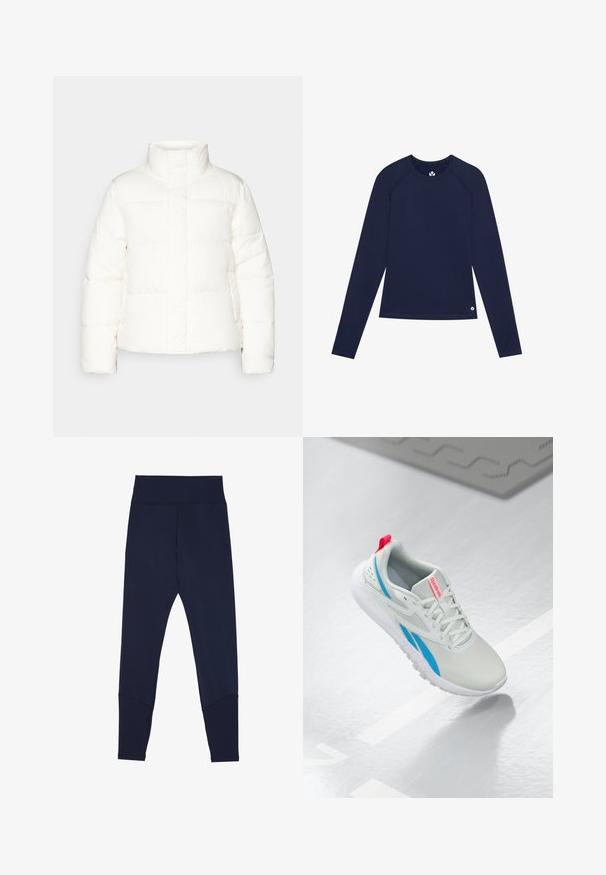 Valge suusapjakate kõrge kaelusega, millel on tikitud osad, ees luku sulgemine ja kergelt puhvunud varrukad. Sile tekstuur.; Tume sinine pikakäistega särk, mis on valmistatud venivast kangast, omades ümardatud kaelust, raglanvarrukaid ja väikest logo hemiku lähedal.; Tumesinised retuusid, mis on valmistatud venivast kangast, laia elastse vöökohtaga, kontrastsete õmblustega ja jalge alla kitseneva lõikega.; Valge ja sinine Reebok'i sneaker punase tõmblukuga, mis hõljub sädelevas põrandas, läheduses hall kummimat.