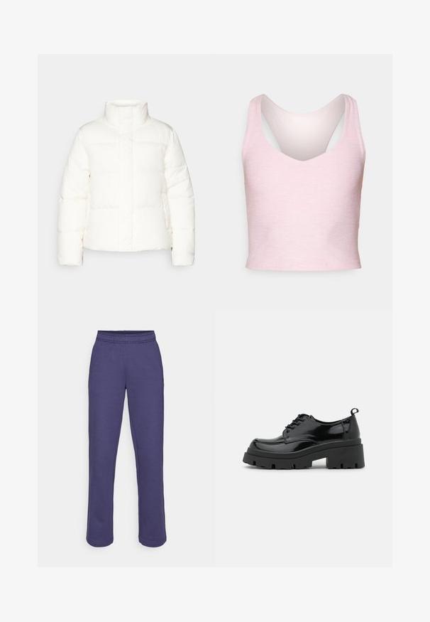 Valkoinen puffatakki, jossa on korkea kaulus, tikattuja osioita, edessä vetoketju ja hieman puffatut hihat. Saa pehmeän tuntuman.; Vaaleanpunainen, hihaton lyhyt toppi, joka on valmistettu pehmeästä materiaalista. Siinä on V-pääntie ja urheilullinen selkäosa, ja sen pinta on sileä.; Violet verkkarit, joissa on joustava vyötärö, suorat lahkeet ja pehmeä puuvillasekoitekangas. Ei näkyviä kuvioita tai metalliosia.; Musta lakkapintainen kengät, joissa on paksu platform-pohja ja paksut nauhat. Pyöristetty kärki, minimaalinen yksityiskohtaisuus ja pieni kantanauha takana.