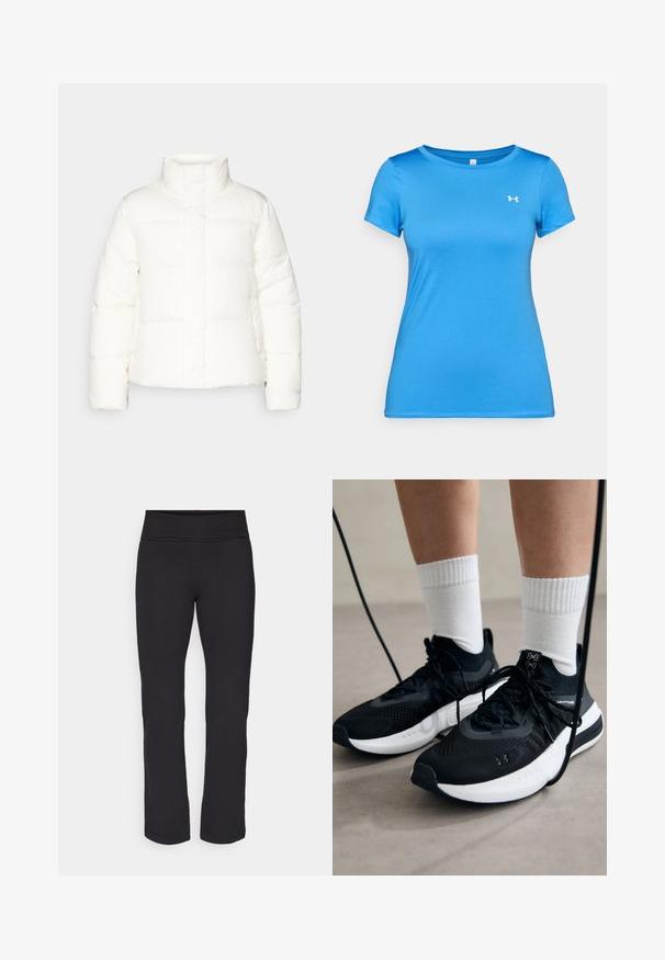 Bijela pufasta jakna s visokim ovratnikom, s prešanim dijelovima, prednjim zatvaranjem na patentni zatvarač i lagano napuhanim rukavima. Glatka tekstura.; Plava atletska majica kratkih rukava s okruglim izrezom i malim bijelim Under Armour logotipom na gornjem dijelu prsiju.; Crne tajice od glatkog, rastezljivog materijala s visokim pojasom. Imaju ravne, punu dužinu nogavica i bez vidljivih uzoraka ili dekoracija.; Crne atletske cipele s teksturiranim materijalom, bijelim potplatima i crnim vezicama. Nosene s bijelim rebrastim čarapama, stojeći na svijetloj površini.