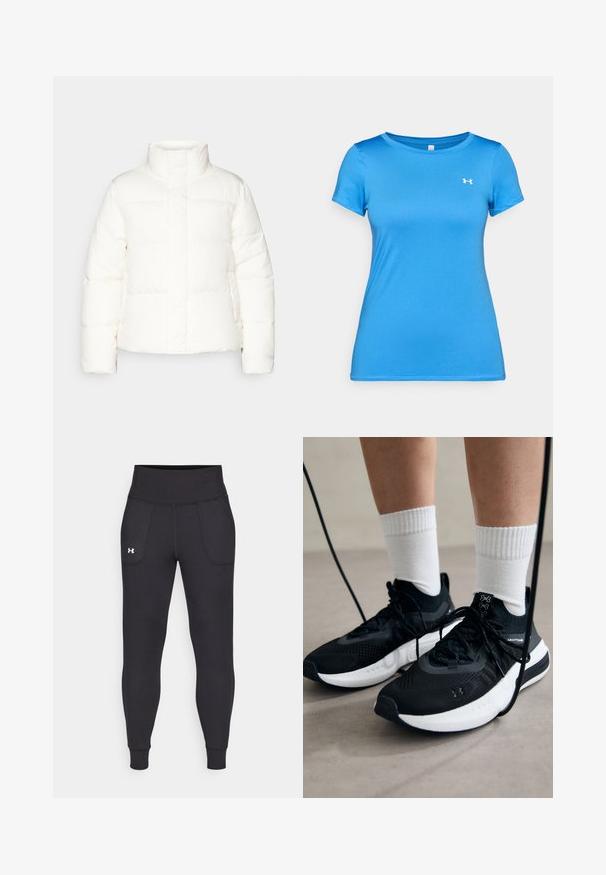 Doudoune blanche avec un col montant, comportant des sections matelassées, une fermeture éclair à l'avant et des manches légèrement bouffantes. Texture lisse.; T-shirt de sport bleu à manches courtes avec col rond et petit logo blanc Under Armour sur le haut de la poitrine.; Leggings de sport noirs en matière extensible, avec une taille haute, des poches latérales et des poignets ajustés au niveau des chevilles.; Chaussures de sport noires en tissu texturé, avec une semelle blanche et des lacets noirs. Portées avec des chaussettes blanches côtelées, debout sur une surface claire.