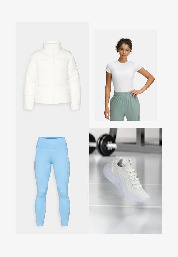 Giacca piumino bianca con colletto alto, caratterizzata da sezioni trapuntate, chiusura con zip frontale e maniche leggermente gonfie. Texture liscia.; T-shirt bianca aderente con maniche corte, abbinata a pantaloni con elastico in vita di colore verde chiaro. Texture liscia, design minimalista e nessun motivo visibile.; Leggings blu chiaro realizzati in un tessuto elasticizzato. Presentano un'ampia vita, una consistenza liscia e cuciture curve lungo le gambe.; Sneaker atletico bianco con tomaia in rete testurizzata e sistema di allacciatura, caratterizzato da una suola bianca ammortizzata e sottili accenti rigati.