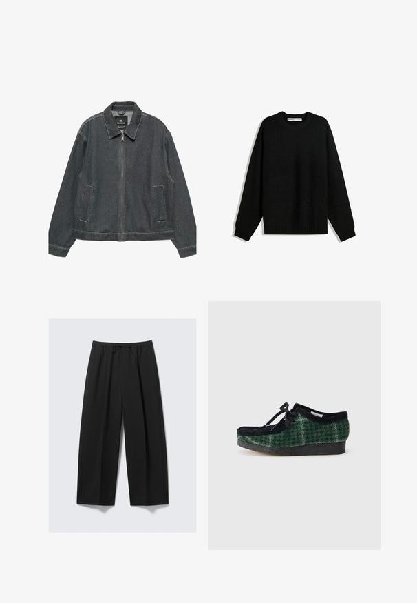 Donkerdenim jack met een ritsluiting, spread collar, twee zijzakken en contrasterende stiksels. Heeft een losse, relaxte pasvorm.; Zwarte gebreide trui met een ronde hals, verlaagde schouders en ribgebreide manchetten en zoom. Beschikt over een textielstof voor extra warmte.; Zwarte wijdere broeken van lichtgewicht stof, met een elastische tailleband en een trekkoord, en zonder zichtbare zakken.; Groene en zwarte schoenen met een suède bovenkant, voorzien van een ronde neus, veters en een gestructureerde rubberen zool.