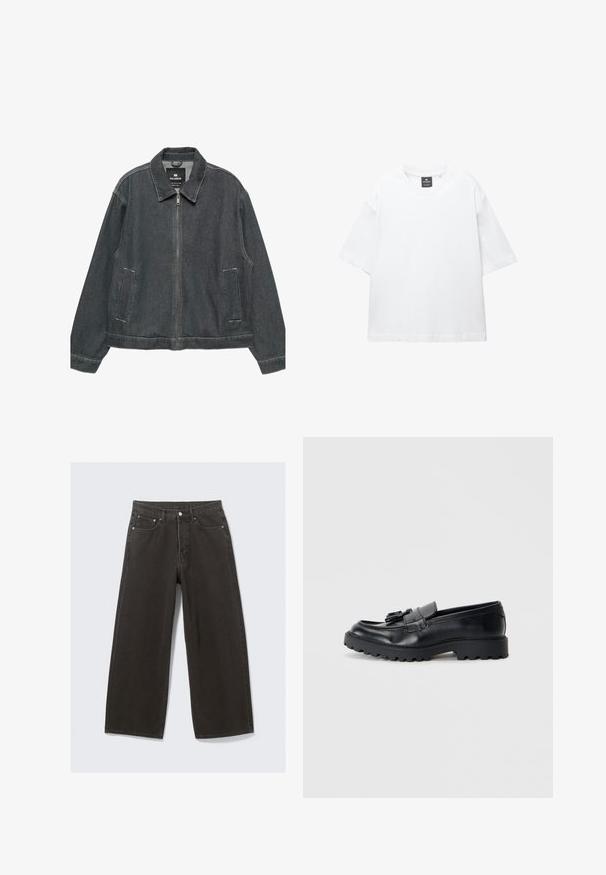 Dark denim jacket with a zip closure, spread collar, two side pockets, and contrasting stitching. Features a loose, relaxed fit.; White short-sleeve t-shirt made of cotton, featuring a round neckline and relaxed fit with straight hem. No patterns or embellishments.; Wide-leg black denim jeans feature a high waist, five-pocket design, and a button-fly closure. The fabric has a soft, textured finish.; Black leather loafers with a glossy finish, chunky rubber sole, and decorative tassel detail on the front.