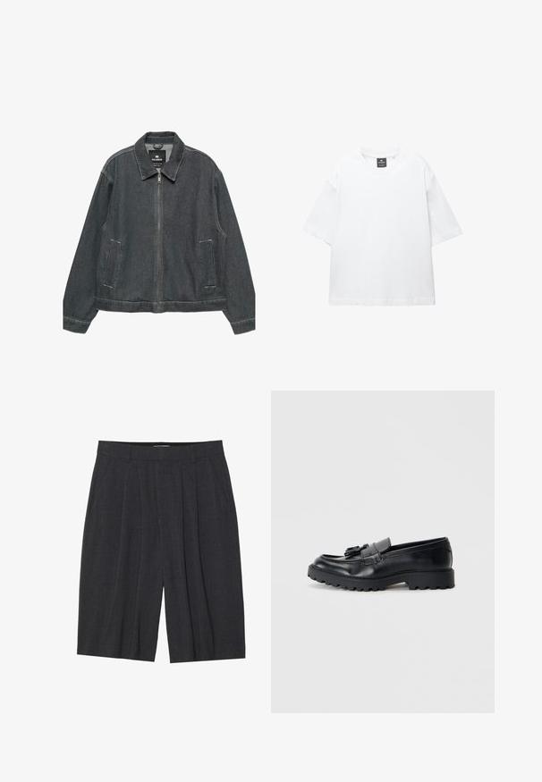 Dunkelblaue Jeansjacke mit Reißverschluss, abgerundetem Kragen, zwei Seitentaschen und kontrastierenden Nähten. Besitzt eine lockere, entspannte Passform.; Weißes T-Shirt mit kurzen Ärmeln aus Baumwolle, das über einen Rundhalsausschnitt und einen lockeren Schnitt mit geradem Saum verfügt. Keine Muster oder Verzierungen.; Dunkelgraue, plissierte Shorts aus strukturiertem Stoff, mit einem Bund und geradem Beinanschnitt, ohne sichtbare Taschen oder Details.; Schwarze Lederloafers mit glanzendem Finish, klobiger Gummisohle und dekorativem Quastendetail auf der Vorderseite.