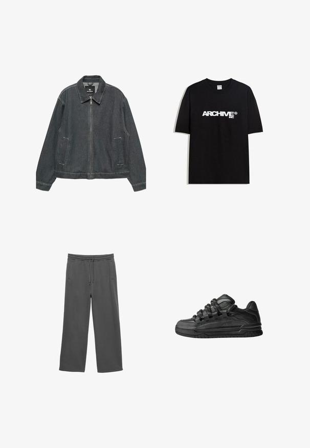 Tamna traper jakna sa zatvaračem, raskošnim ovratnikom, dva bočna džepa i kontrastnim šavovima. Karakterizira je širok, opušten kroj.; Crna pamučna majica s bijelim 'ARCHIVE inc.' logotipom preko prsa, kratkim rukavima i okruglim izrezom.; Tamno sive široke dukserice s elastičnim pojasom, vezicom i dva bočna džepa, prikazane na bijeloj pozadini.; Crne tenisice s glatkom kožnom gornjom površinom, teksturiranim detaljima i okruglim crnim i bijelim vezicama. Debeli gumeni potplat s uzorkom.
