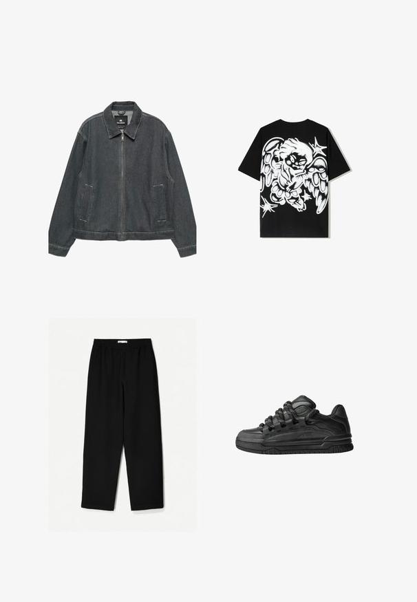 Dunkelblaue Jeansjacke mit Reißverschluss, abgerundetem Kragen, zwei Seitentaschen und kontrastierenden Nähten. Besitzt eine lockere, entspannte Passform.; Schwarzes Baumwoll-T-Shirt mit einem großen weißen Graffiti-Engel-Design auf dem Rücken, mit detaillierten Flügeln und Sternakzenten.; Schwarze, weit geschnittene Hose aus leichtem Stoff. Mit elastischem Bund und glatter Textur. Keine sichtbaren Muster oder Beschläge.; Schwarze Sneakers mit einem glatten Leder-Obermaterial, strukturierten Akzenten und runden schwarz-weißen Schnürsenkeln. Dicke Gummisohle mit einem gemusterten Profil.