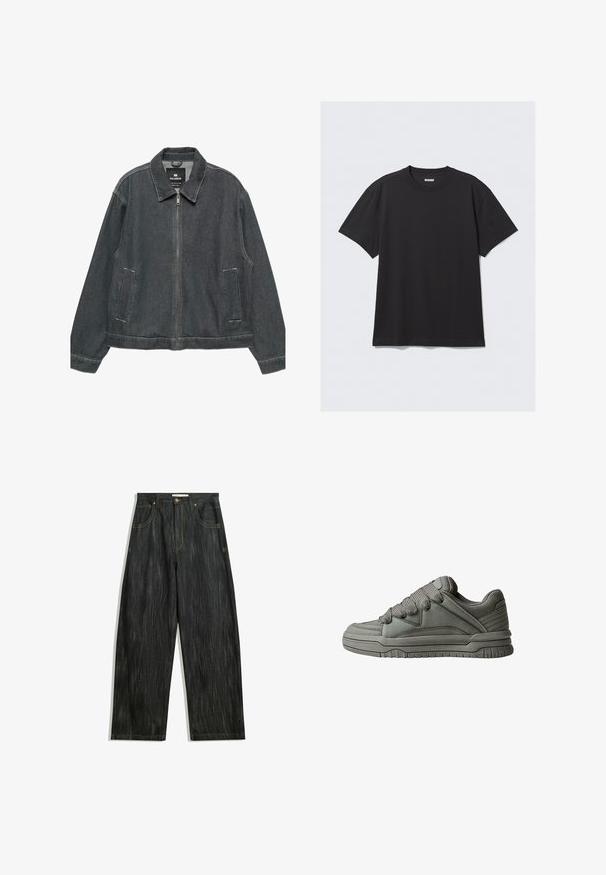 Ciemnoniebieska dżinsowa kurtka z zamkiem błyskawicznym, kołnierzem typu spread, dwiema kieszeniami po bokach i kontrastowym przeszyciem. Charakteryzuje się luźnym, swobodnym krojem.; Czarna koszulka z krótkim rękawem wykonana z bawełny. Posiada okrągły dekolt i luźny krój. Prosty design, bez widocznych wzorów czy akcentów.; Ciemnogranatowe dżinsy o luźnym kroju, z delikatną pionową teksturą, żółtym przeszyciem, pięcioma kieszeniami i klasycznym zapięciem na guzik.; Szare buty sportowe z teksturowanej skóry i siateczki, gruba gumowa podeszwa oraz wyraźnie wyściełany język i boki. Zawierają sznurowadła i akcenty po bokach.