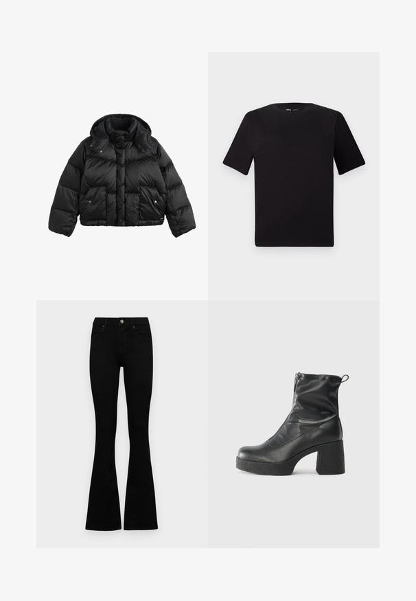 Black cropped puffer jacket with a high collar, detachable hood, snap-button flap pockets, and quilted stitching on sleeves and body.; Black short-sleeve t-shirt with a round neckline, crafted from soft cotton fabric. Simple design, no visible logos or patterns.; Black high-waist jeans with a button and zip closure, front pockets, and flared legs laid flat on a white background.; Black ankle boots made of smooth leather, featuring a side zipper, chunky textured heel, and rounded toe design.