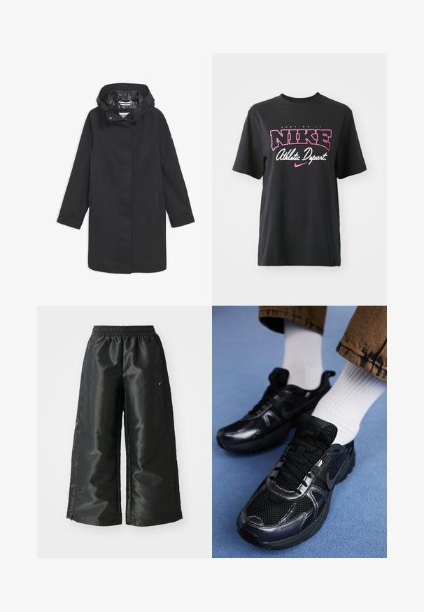 Chaqueta negra impermeable con capucha, cierre de botones a presión, dos bolsillos laterales y un forro interior suave. Presenta un corte recto y mangas largas.; Camiseta de algodón negra con un estampado gráfico en rosa y blanco que incluye el texto "JUST DO IT", "NIKE" y "Departamento Deportivo". Corte estándar.; Pantalones deportivos negros de tejido brillante y suave, con una cinturilla elástica, pierna ancha y un pequeño logo en el lado izquierdo.; Zapatos deportivos Nike de color negro con parte superior de malla y acentos brillantes, cordones negros y suela texturizada. Combinados con calcetines blancos de canalé.
